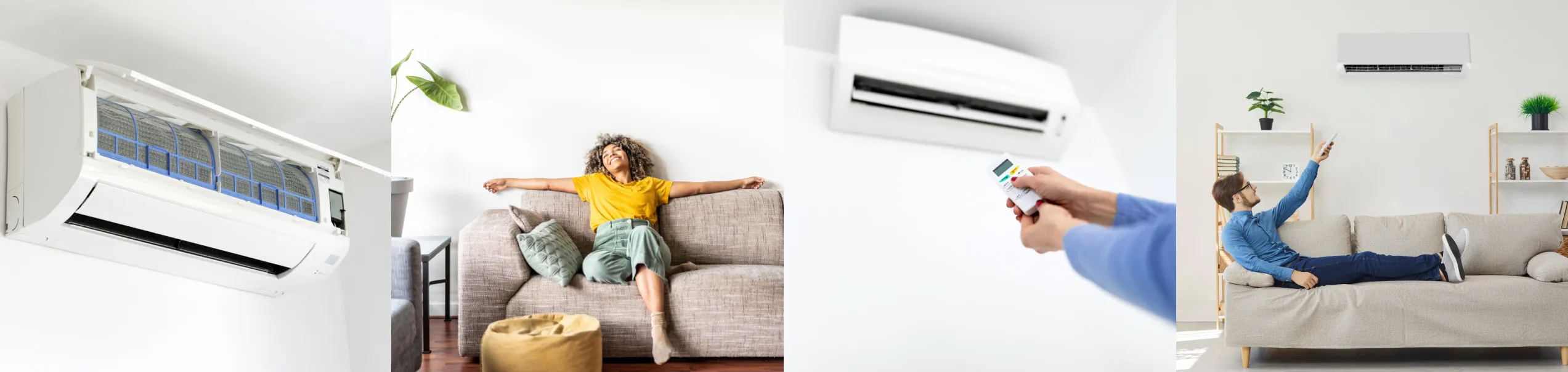 Collage of images showing air conditioning units and people enjoying cool indoor air.