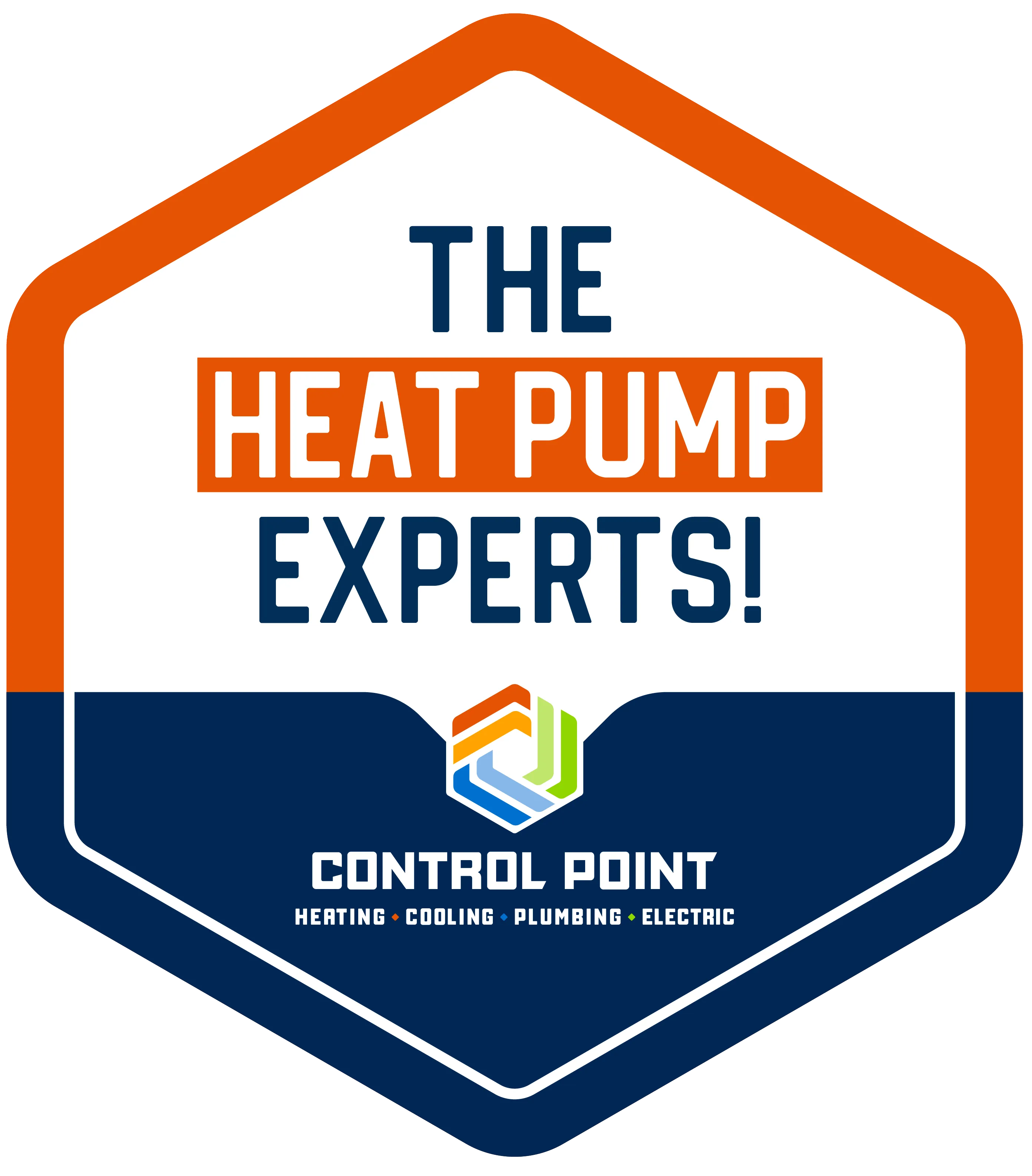 Badge-style logo with the text "The Heat Pump Experts!" and "Control Point" featuring heating, cooling, plumbing, and electric services.